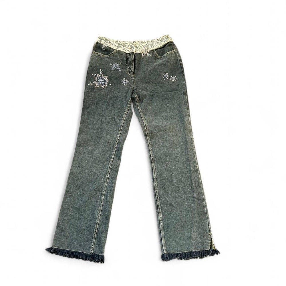 Y2K green embroidered jeans with lace trim and fringe hem Size 12 #embroidery #d